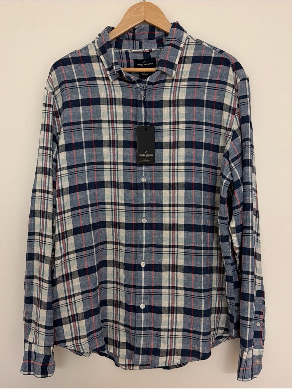 Daniel Hechter Shirt Mens XL Long Sleeve Blue White Plaid Linen Blend $88 NEW